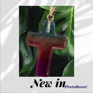 Handmade Natural gemstone cross necklace-  blue and pink